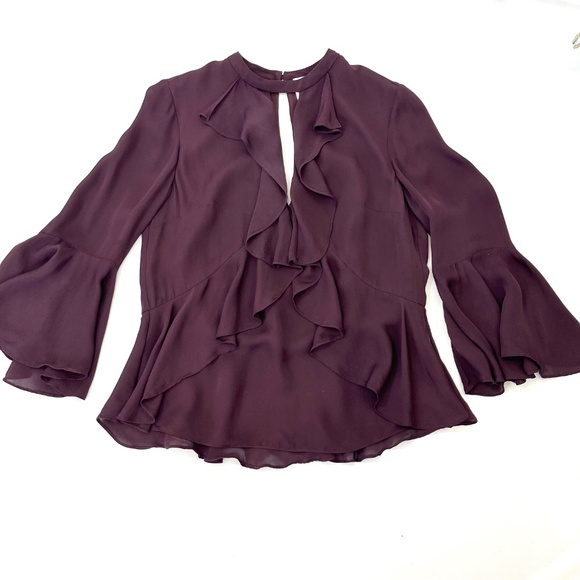 Cinq a Sept Thea Burgundy Ruffle Blouse Bell Sleeves Keyhole Cut Out - Picture 2 of 6